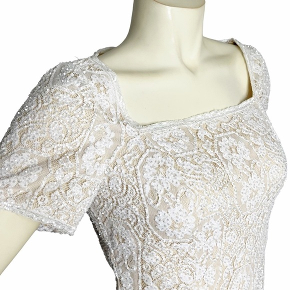 VTG OLEG CASSINI Beaded Sequin BLACK TIE DRESS WHITE SIZE 10 - Picture 3 of 8